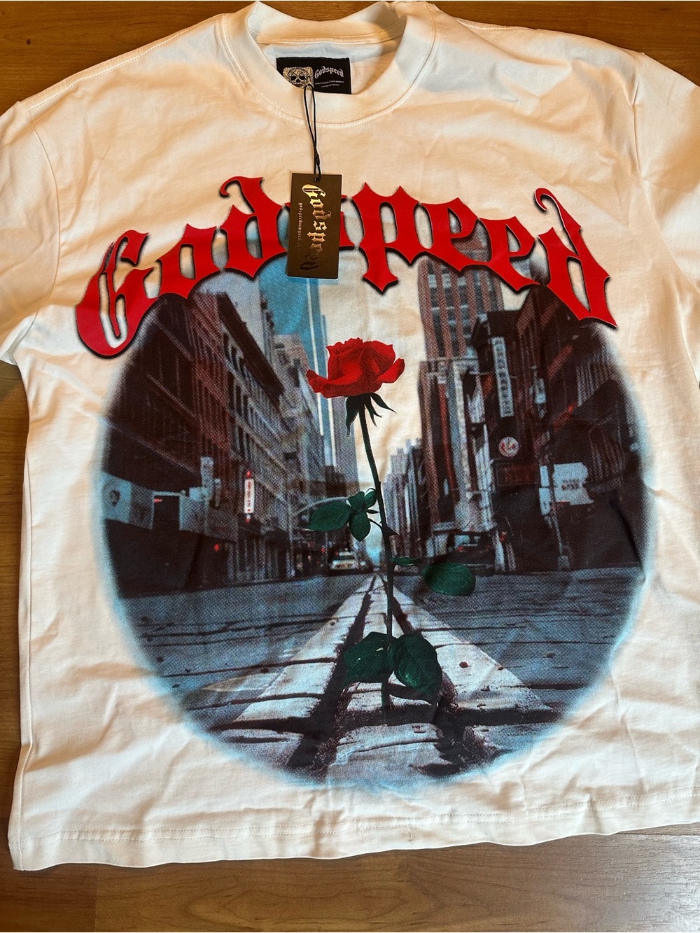 White Godspeed Graphic Tee with Red Rose Print